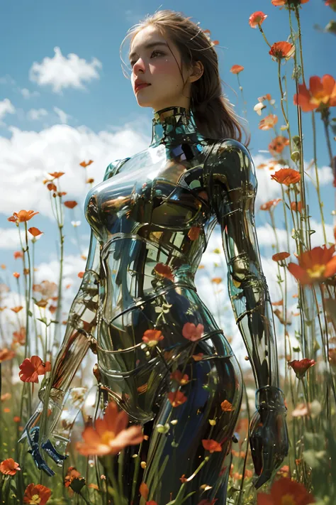 1 girl, looking at the audience, realistic, long hair, long hair blown by wind, solo, flowers, sky, sky, outdoor, short hair, brown long hair, science fiction, blur, grass, realism, clouds, blue sky, chest, lips, transparent, transparent, transparent,