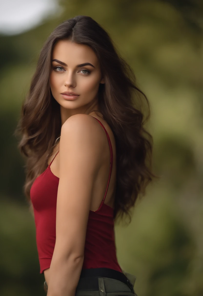 Arafed woman with a red tank top and collar, fille sexy aux yeux verts, Portrait Sophie Mudd, cheveux bruns et grands yeux, Yeux de chambre, Violet Myers, sans maquillage, maquillage naturel, looking straight at camera, Visage avec Artgram, Maquillage subt...