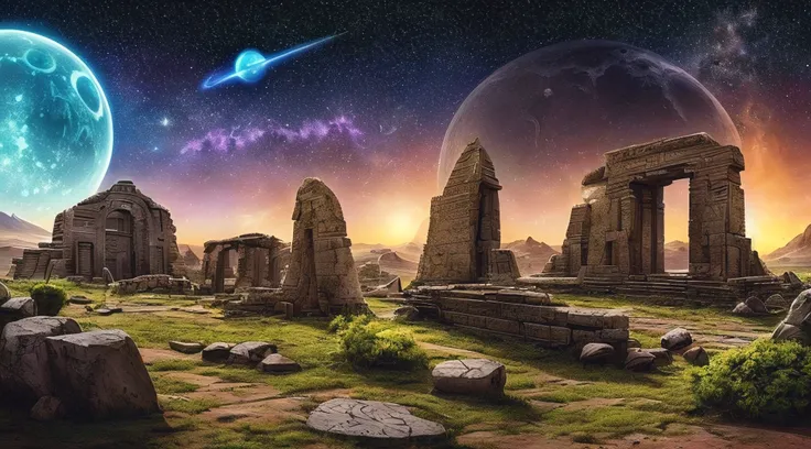 (((Masterpiece)), (((Ruins))), HDR, Ruins of an alien civilization on an alien planet. Night time, Starry sky, asteroid moon in the sky, cosmic nebula, Stones with alien drawings and diagrams, alien hieroglyphs and letters, Schematic images of fantastic cr...