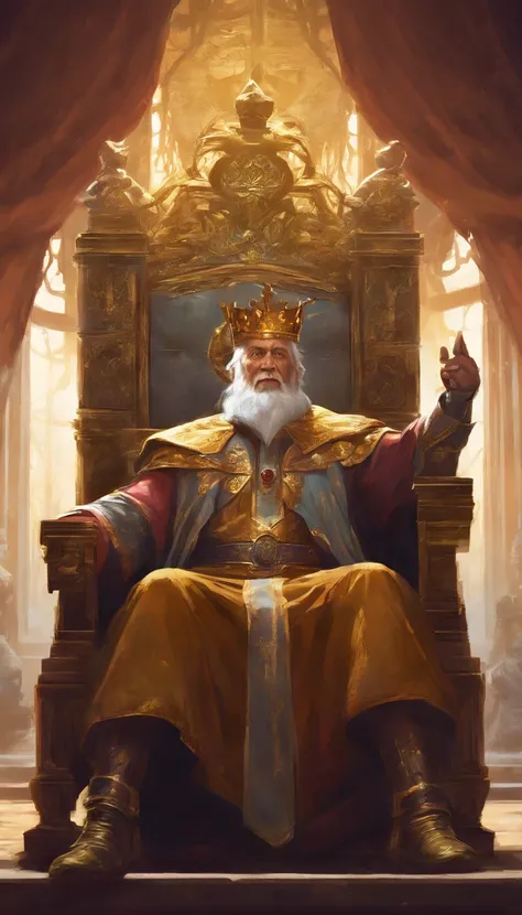 Elderly king with a crown on his head sitting on a couch and golden light on above his head