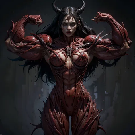 (1 girl), (spread legs:1.25), (demoness with beautiful face:1.25),(1 super muscular succubus with flayed skin:1.5), (carnage physique:1.5), (covered in thick muscle suit:1.5), (exposed perfect anatomy:1.5), (venom muscle anatomy:1.5), high detail, best qua...