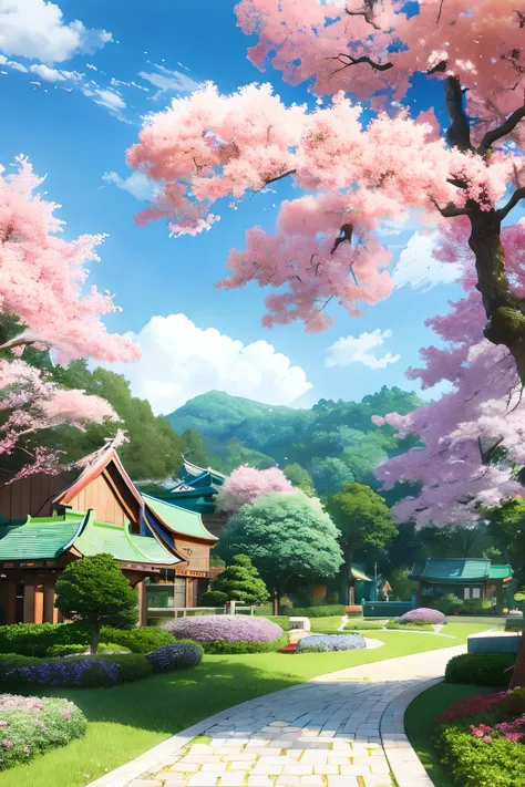 Anime - Garden-style paintings with trees and benches blooming, anime background art, anime landscape concept art, beautiful anime scenery, Japanese art style, dreamy Chinese towns, beautiful anime scenes, realistic animation three-dimensional style, anime...