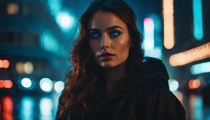 Portrait of a beautiful girl in a cyberpunk city at night, rainy night, blue eyes, foggy night lights, dramatic lights, neon lights, hardwave aesthetic, cyberpunk aesthetic, extremely beautiful woman.