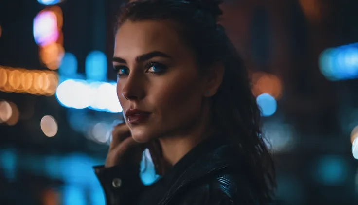 Portrait of a beautiful girl in a cyberpunk city at night, rainy night, blue eyes, foggy night lights, dramatic lights, neon lights, hardwave aesthetic, cyberpunk aesthetic, extremely beautiful woman.