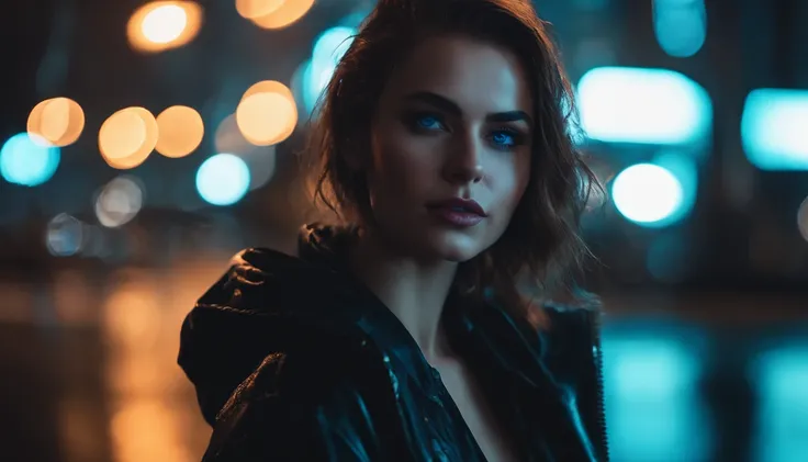 Portrait of a beautiful girl in a cyberpunk city at night, rainy night, blue eyes, foggy night lights, dramatic lights, neon lights, hardwave aesthetic, cyberpunk aesthetic, extremely beautiful woman.