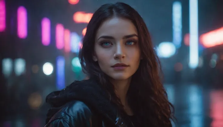 Portrait of a beautiful girl in a cyberpunk city at night, rainy night, beautiful eyes, foggy night lights, dramatic lights, neon lights, hardwave aesthetic, dark cyberpunk aesthetic, extremely beautiful woman.