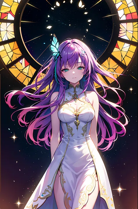 1girl, masterpiece, extremly detailed, ((Cinematic lighting)), (glowing), ((dramatic lighting)), ((beautiful detailed glow)), intricate detail, lens flare, violet hair, multicolored hair, long hair, sweet dress, butterfly hair ornament, butterflies, (light...