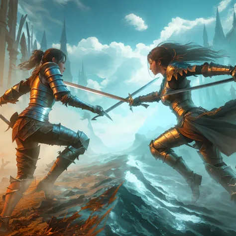 Masterpiece, best quality, realistic, two women in knight armor are fighting with swords in a scene , epic fantasy art style, symmetrical epic fantasy art, movie lighting