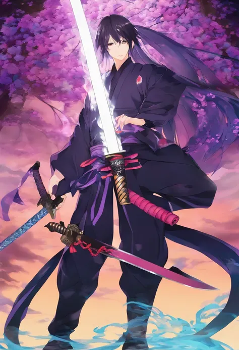 Japanese Katana Sword,(Ōdachi:1.3),Weapons of enormous proportions,Entangled in purple phosphorous fire,Broken blade,（Demon knife Muramasa：1.5）,Bizarre sword body pattern