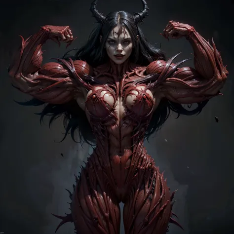 (1 girl), (spread legs:1.25), (demoness with beautiful face:1.25),(1 super muscular succubus with flayed skin:1.5), (carnage physique:1.5), (covered in thick muscle suit:1.5), (exposed perfect anatomy:1.5), (venom muscle anatomy:1.5), high detail, best qua...