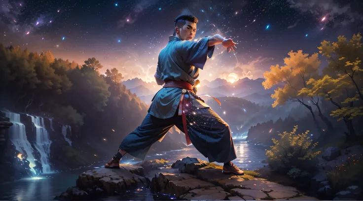 Kung Fu Fighter, on a rock, over a valley with a river and waterfalls, Moonlit night, the stars, Water sparkles, Fireflies, hyper realisitc, ultradetail, Doubleexposure, hyper-detailing, Masterpiece, in detail, Body proportions are observed, Kung Fu Fighti...