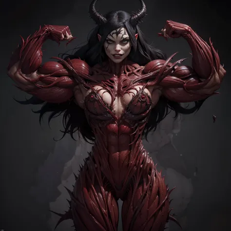 (1 girl), (spread legs:1.25), (demoness with beautiful face:1.25),(1 super muscular succubus with flayed skin:1.5), (carnage physique:1.5), (covered in thick muscle suit:1.5), (exposed perfect anatomy:1.5), (venom muscle anatomy:1.5), high detail, best qua...