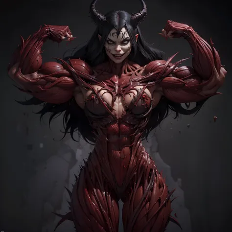 (1 girl), (spread legs:1.25), (demoness with beautiful face:1.25),(1 super muscular succubus with flayed skin:1.5), (carnage physique:1.5), (covered in thick muscle suit:1.5), (exposed perfect anatomy:1.5), (venom muscle anatomy:1.5), high detail, best qua...