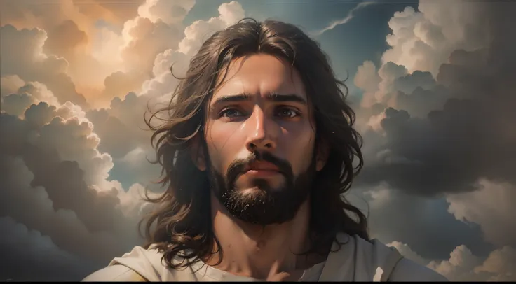 "[a realistic painting of jesus up close amid the clouds of a cinematic sky]"