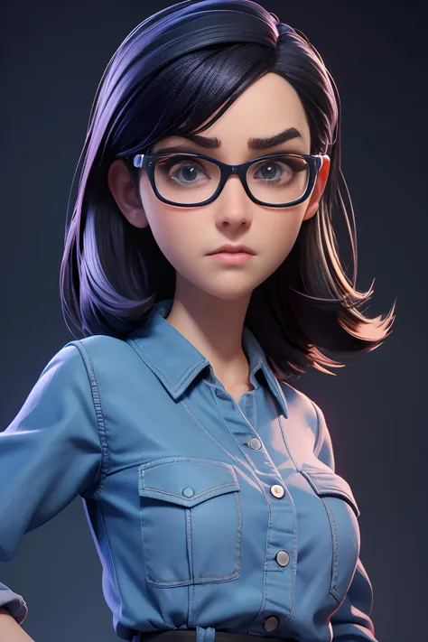 A 3D Pixar style Animation character development, featuring of a young woman nerd look, character spread sheet, blueprint, 3D realistic render, high resolution texture, dramatic lighting, expressive caricature, strong facial expression, dramatic intense pe...