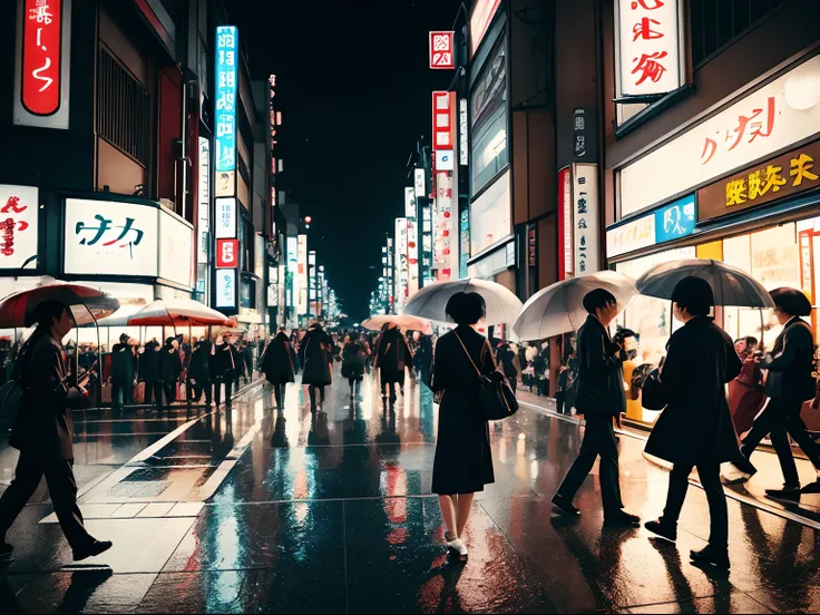 (Masterpiece) beautiful Japanese woman, Tokyo crowd, light rain, early morning busy street scene, dynamic action poses, happy moment, Holga photography, analog camera, lo-fi, detailed composition, cinematic lighting, cyclorama effect.