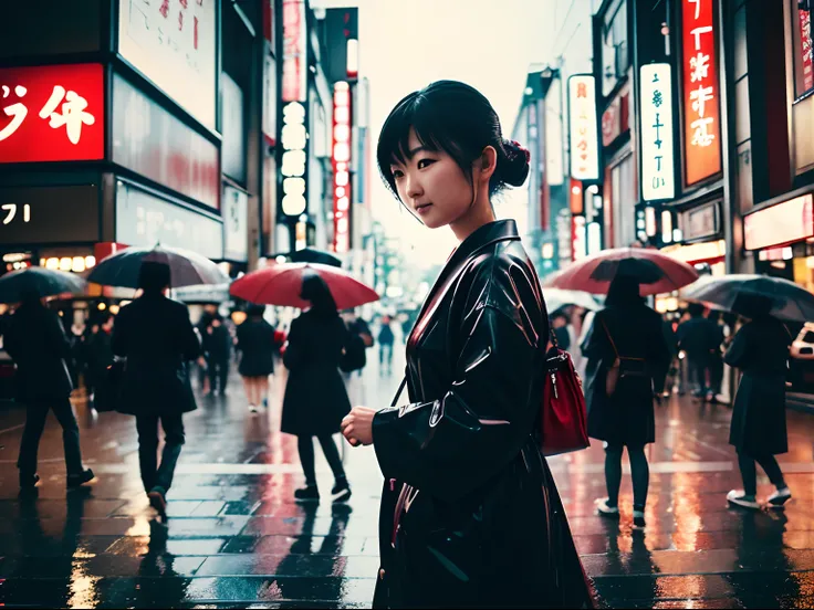 (Masterpiece) beautiful Japanese woman, Tokyo crowd, light rain, early morning busy street scene, dynamic action poses, happy moment, Holga photography, analog camera, lo-fi, detailed composition, cinematic lighting, cyclorama effect.