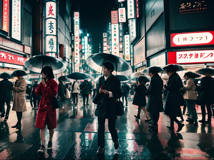 Highlight insanely beautiful Japanese woman, Tokyo crowd, light rain, early morning busy street scene, dynamic action poses, extremely happy festive moment, Holga photography, analog camera, lo-fi, detailed composition, cinematic lighting, cyclorama effect...