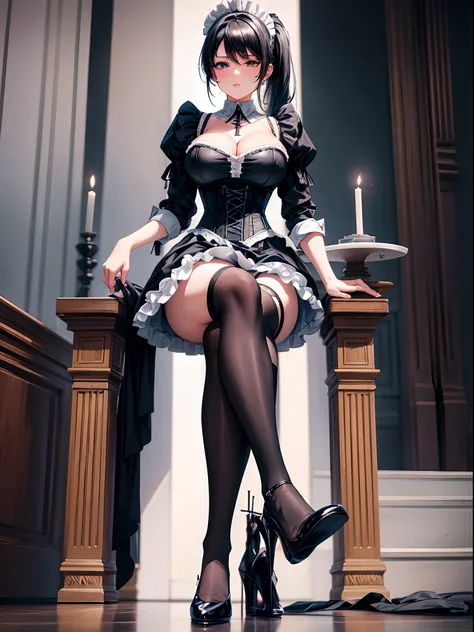 Masterpiece, ground Level Shot!, black high heels!, 6 inch high heels!, pumps!, very big breasts, crosslegged, white stay-up stockings with lace!, black hair color, ponytail, corset, maid uniform, short skirt, 2 legs!, sitting sideways cross-legged, domina...