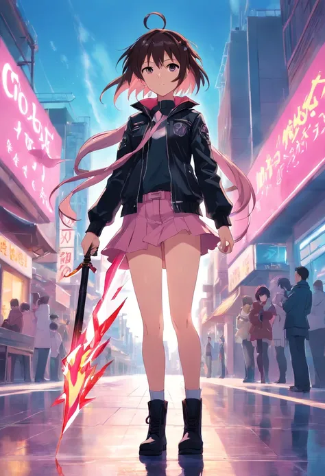 best quality,masterpiece,, Madoka Kaname from Puella Magi Madoka Magica wears a black leather jacket and combat boots, holds a magic wand, and has a cold expression on her face.