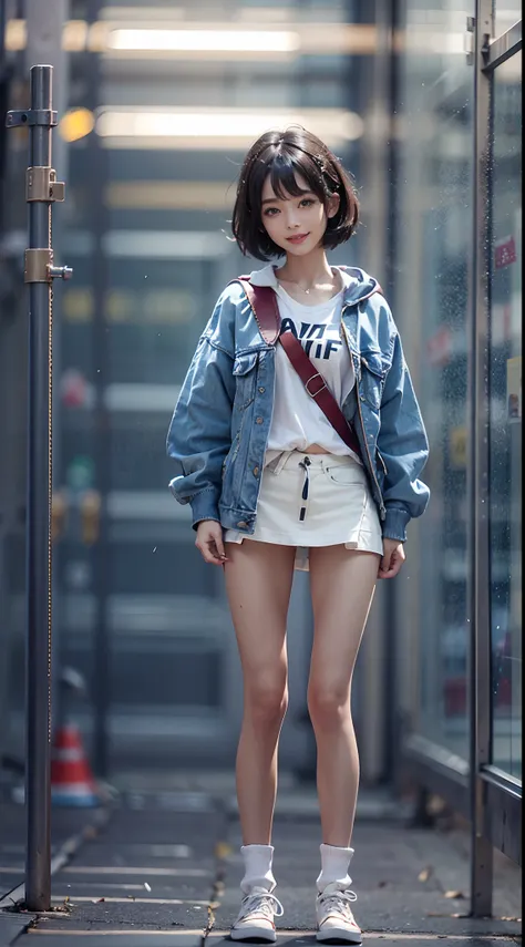 Sweatshirt, Denim Mini Skirt, backpack, Smiling smile, (NSFW), 1womanl, 独奏, 24 year old, 7headed body, (Ideal ratio body proportions), (Composition from head to thigh), erectile nipple, Sexy body, Wet, short-hair, A dark-haired, small tits, A slender, Smal...