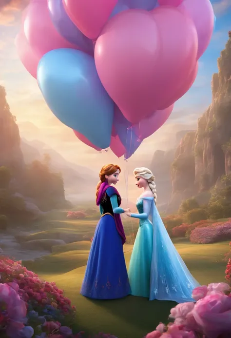 3D animated image of Anna and Elsa in a giant pink and light blue balloon.