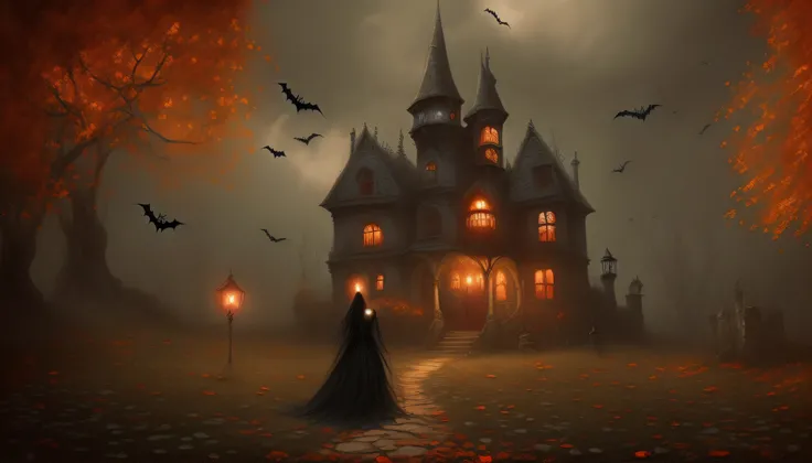 Imagen de una mujer con un vestido largo de pie frente a un castillo, Escena de Halloween, spooky mansion, Inquietante y espeluznante, Ambiente espeluznante y aterrador, Casa embrujada, Ambiente de Halloween, haunted house themed, Fondo embrujado, gothic m...