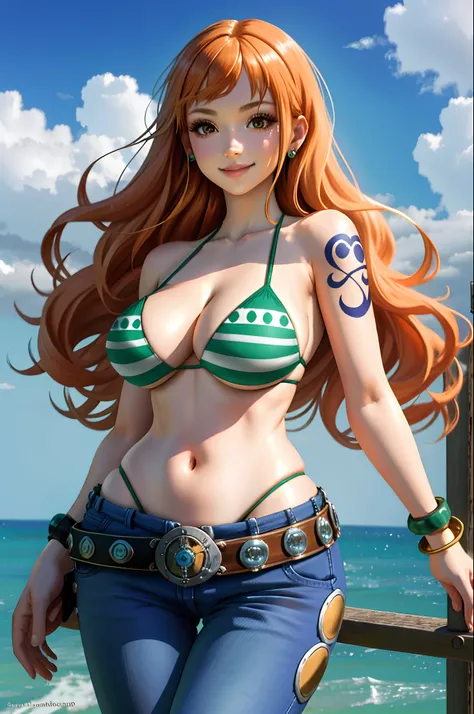 detailed background, masterpiece, best quality, 1girl, solo, nami (one piece), 1girl, bangle, bangs, bare shoulders, belt, bikini, bikini top only, blue sky, bracelet, breasts, brown eyes, bubble, cleavage, cloud, cowboy shot, day, denim, earrings, floatin...