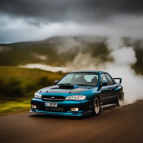 Old subaru car,driving sideways, drifting, smoke from tyres, wet mountain road