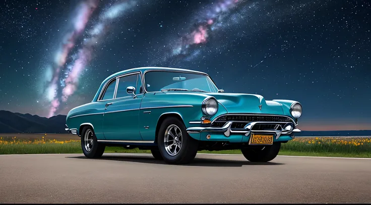 scenic view, classic car, galaxy background, galaxy sky