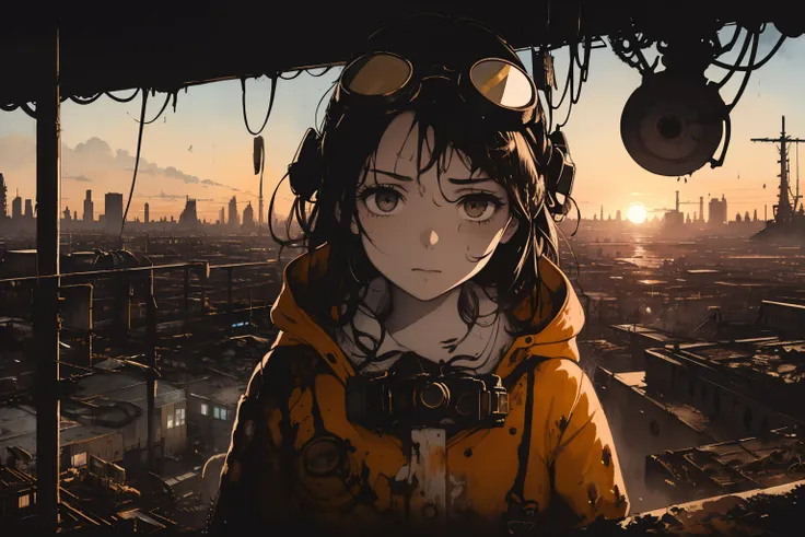 masterpiece, best quality, 1girl, (closeup face), engineer, machinist, (yelow coat), (goggles on head), serious, dirty face, dirty clothes, on the roof, cityscape, flooded, industrial ruins, warm, desolate, dark, sunset, watercolor, sketch