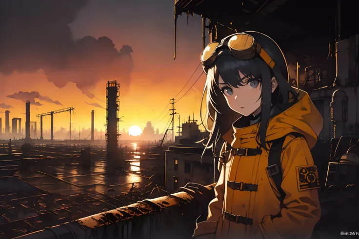 masterpiece, best quality, 1girl, (closeup face), engineer, machinist, (yelow coat), (goggles on head), serious, dirty face, dirty clothes, on the roof, cityscape, flooded, industrial ruins, warm, desolate, dark, sunset, watercolor, sketch