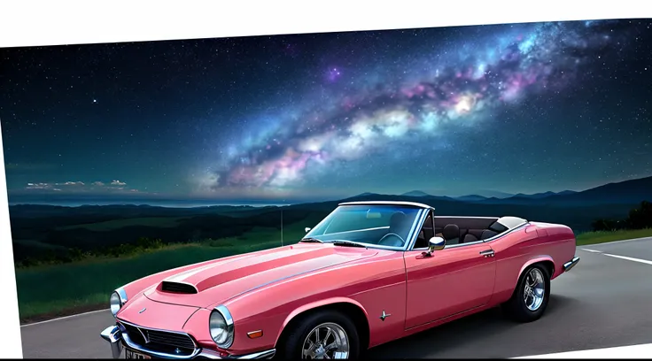 scenic view, classic car, galaxy background, galaxy sky