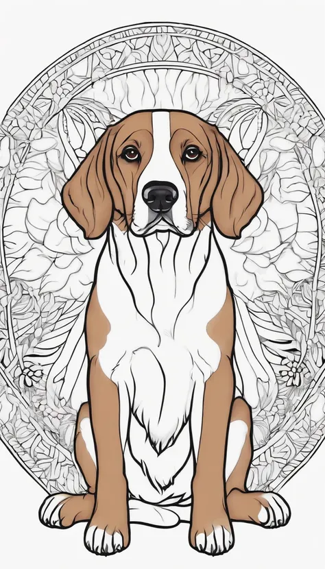 Coloring page for adults, bold lines, dark lines, mandala puppy body, Beagle face, mandala face, symmetrical, white background, clean line art, fine line art and add this animal in a forest environment