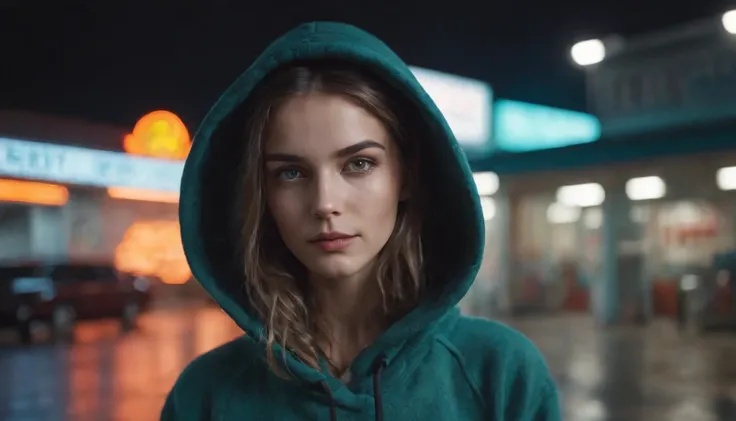 Portrait of a beautiful girl with a hoodie in gas station at night, rainy night, beautiful eyes, foggy night lights, dramatic lights, neon lights, hardwave aesthetic, cold lights, dark cyberpunk aesthetic, extremely beautiful woman.