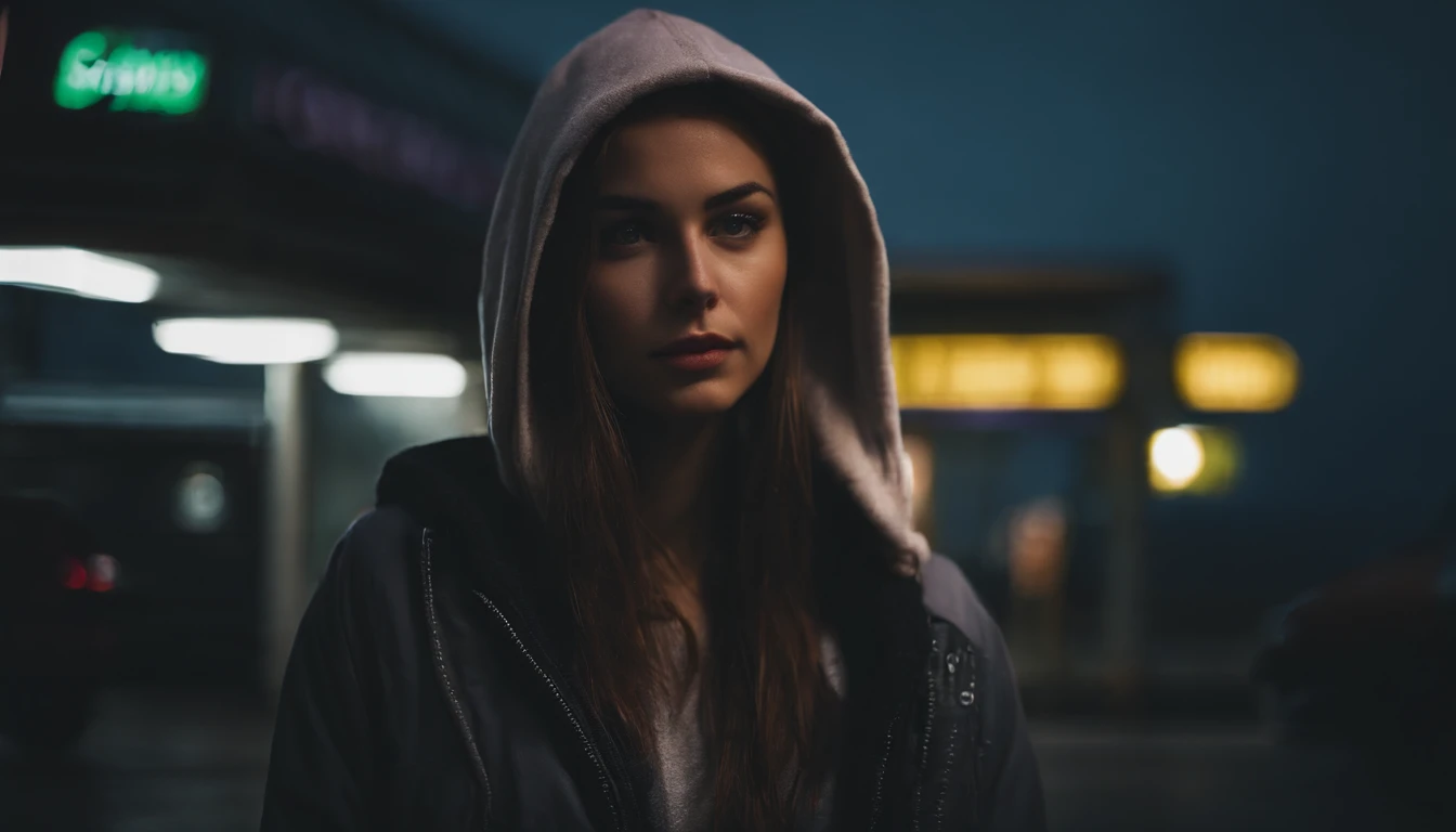 Portrait of a beautiful girl with a hoodie in gas station at night, rainy night, beautiful eyes, foggy night lights, dramatic lights, neon lights, hardwave aesthetic, cold lights, dark cyberpunk aesthetic, extremely beautiful woman.