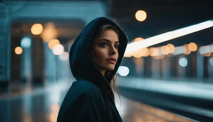 Portrait of a beautiful girl with a hoodie in a train station at night, rainy night, beautiful eyes, foggy night lights, dramatic lights, neon lights, hardwave aesthetic, cold lights, dark cyberpunk aesthetic, extremely beautiful woman.