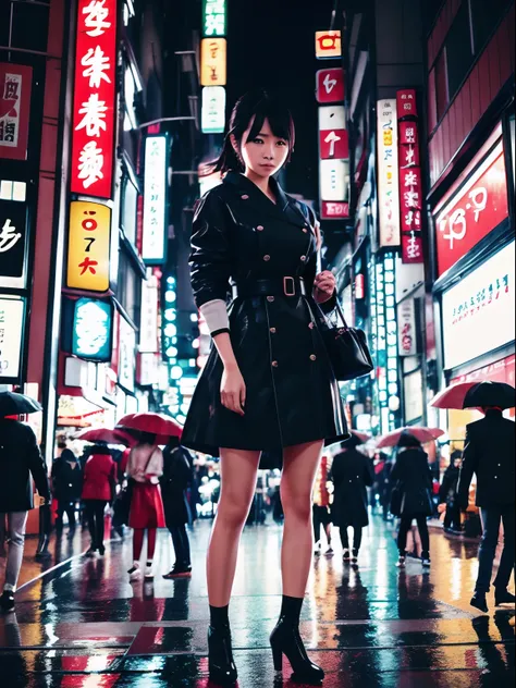 Highlight insanely beautiful Japanese woman, Tokyo crowd, light rain, early morning busy street scene, dynamic action poses, extremely happy festive moment, fashio photography, Holga photography, analog camera, lo-fi, detailed composition, cinematic lighti...