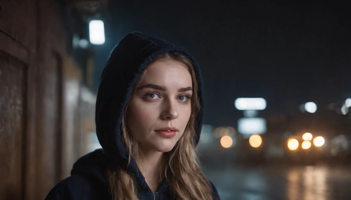 Portrait of a beautiful girl with a hoodie in a train station at night, rainy night, beautiful eyes, foggy night lights, dramatic lights, neon lights, hardwave aesthetic, cold lights, dark cyberpunk aesthetic, extremely beautiful woman.