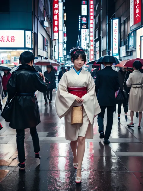 Highlight insanely beautiful Japanese woman, wearing traditional Japanese clothing; Tokyo crowd, light rain, early morning busy street scene, dynamic action poses, extremely happy festive moment, fashio photography, Holga photography, analog camera, lo-fi,...