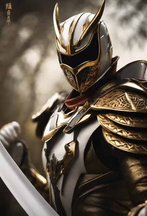 masuter piece,Ultra Ultra HD,Kamen Rider with Panda Motif,White and black and gold,Two bamboo spears,Gorgeous effects