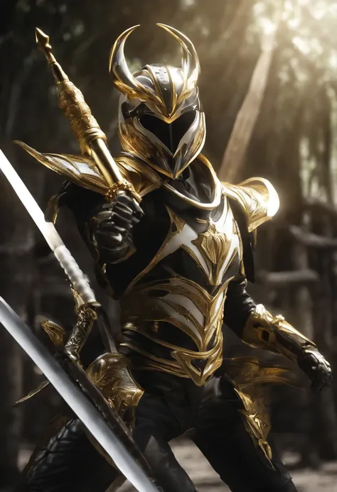 masuter piece,Ultra Ultra HD,Kamen Rider with Panda Motif,White and black and gold,Two bamboo spears,Gorgeous effects