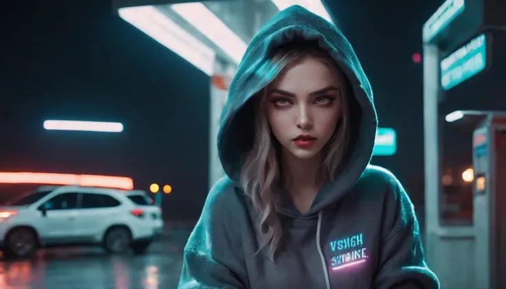 Portrait of a beautiful girl with a hoodie in gas station at night, rainy night, beautiful eyes, foggy night lights, dramatic lights, neon lights, hardwave aesthetic, cold lights, dark cyberpunk aesthetic, extremely beautiful woman.