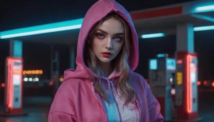 Portrait of a beautiful girl with a hoodie in gas station at night, rainy night, beautiful eyes, foggy night lights, dramatic lights, neon lights, hardwave aesthetic, cold lights, dark cyberpunk aesthetic, extremely beautiful woman.