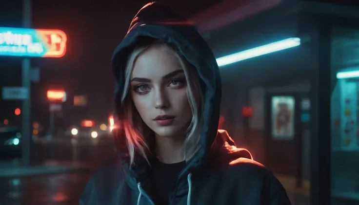 Portrait of a beautiful girl with a hoodie in gas station at night, rainy night, beautiful eyes, foggy night lights, dramatic lights, neon lights, hardwave aesthetic, cold lights, dark cyberpunk aesthetic, extremely beautiful woman.