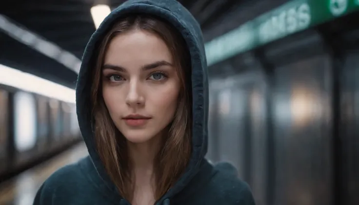 Portrait of a beautiful girl with a hoodie in a subway at night, rainy night, beautiful eyes, foggy night lights, dramatic lights, neon lights, hardwave aesthetic, cold lights, dark cyberpunk aesthetic, extremely beautiful woman.