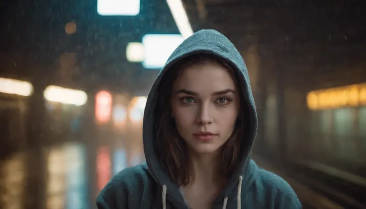 Portrait of a beautiful girl with a hoodie in a subway at night, rainy night, beautiful eyes, foggy night lights, dramatic lights, neon lights, hardwave aesthetic, cold lights, dark cyberpunk aesthetic, extremely beautiful woman.