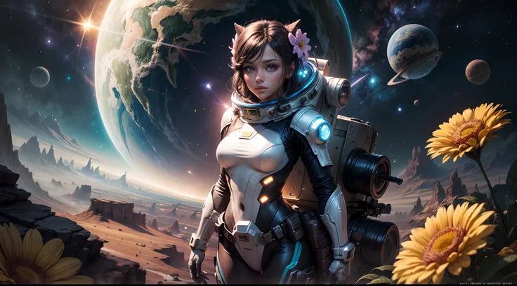 "A detailed painting of a  alien girl dressed as a space ranger, exploring an extraterrestrial landscape adorned with vibrant, otherworldly flowers. Science fiction wonderland, imaginative, space adventure."