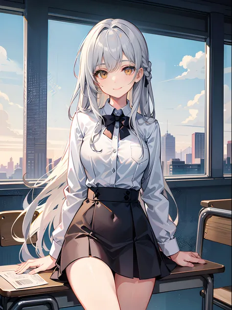 18-year-old silver-haired girl, golden eyes, long-haired,Braid left and right. Wear a white shirt with buttons..... Black miniskirt.Sitting in the classroom.With a slightly smiling face............