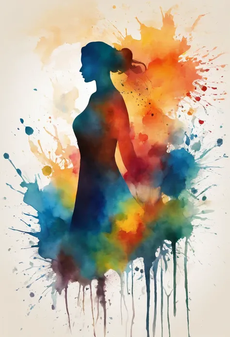 Silhouette of a loving mother in watercolor style, abstract, splashes, vibrant